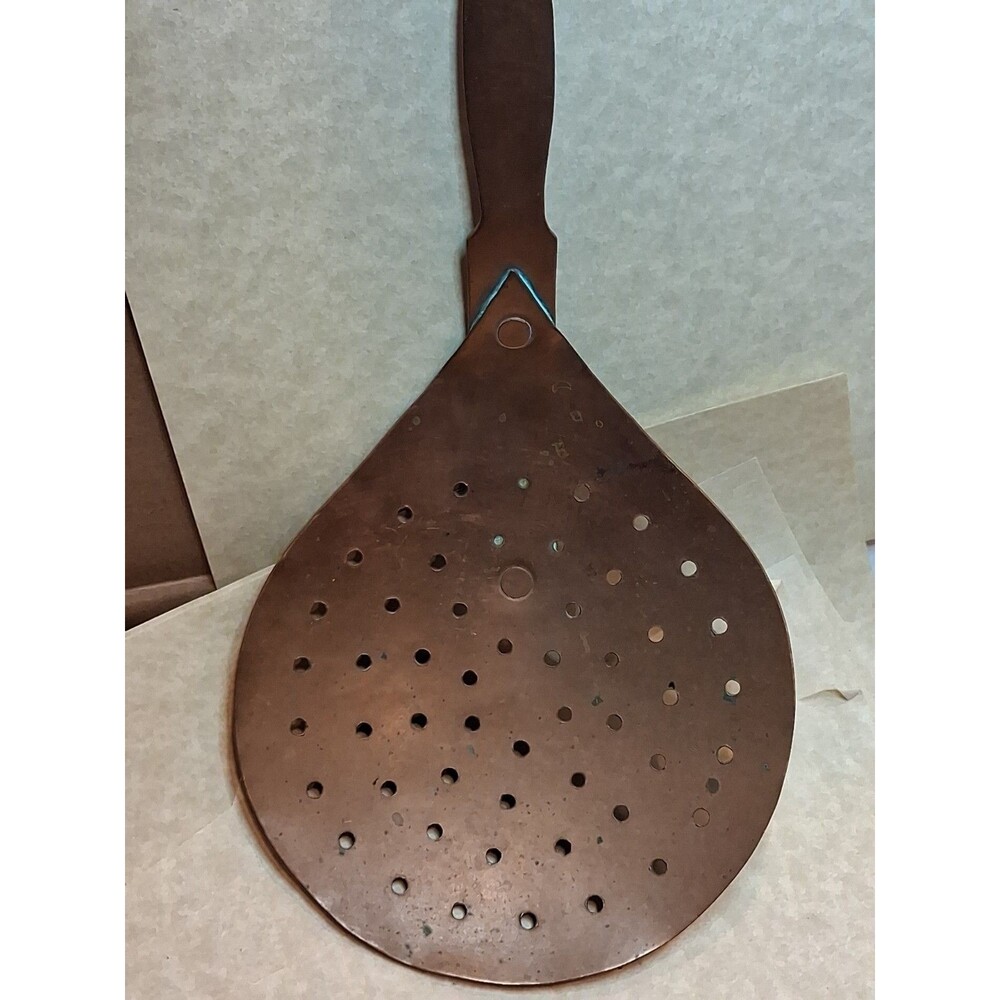 Antique 19th Century French Hammered Solid Copper Skimmer Utensil